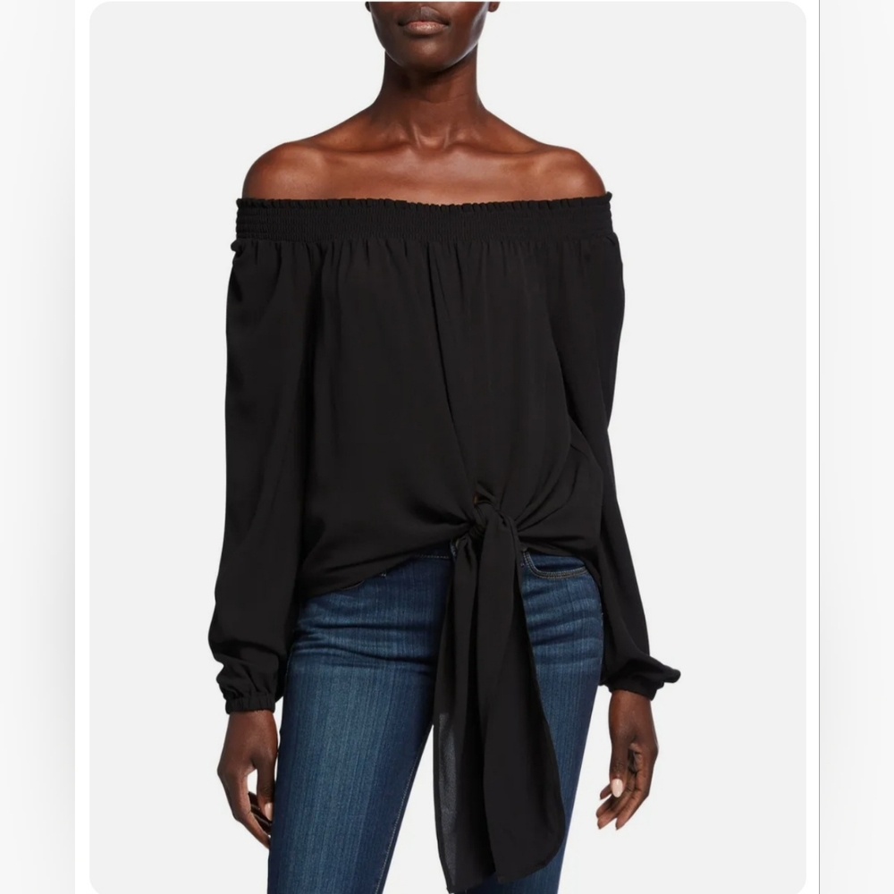 Michael Kors smocked off-the-shoulder tie-front black peasant blouse sz 2XL
